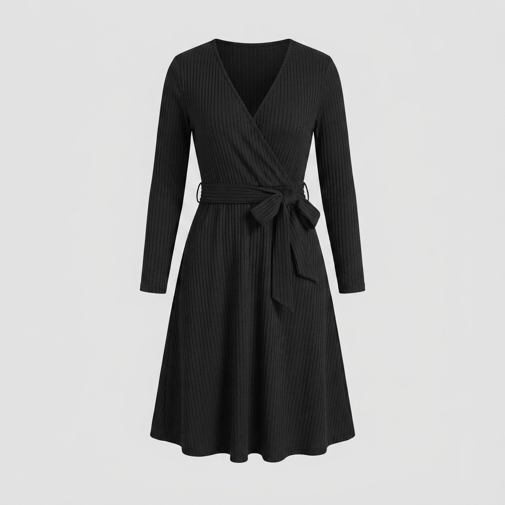 Wynne Knit Midi Dress - Soft Ribbed Polyester, V-Neck, Belted Waist, Pockets 4