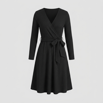 Wynne Knit Midi Dress - Soft Ribbed Polyester, V-Neck, Belted Waist, Pockets 4