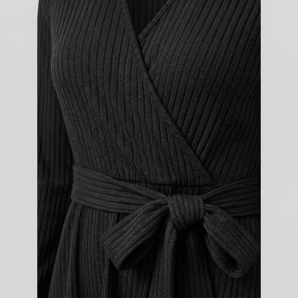 Wynne Knit Midi Dress - Soft Ribbed Polyester, V-Neck, Belted Waist, Pockets 5