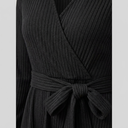 Wynne Knit Midi Dress - Soft Ribbed Polyester, V-Neck, Belted Waist, Pockets 5