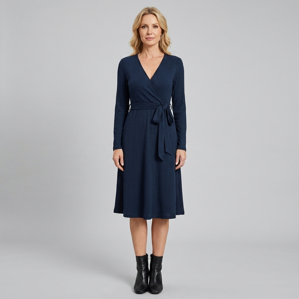 Wynne Knit Midi Dress - Soft Ribbed Polyester, V-Neck, Belted Waist, Pockets 7