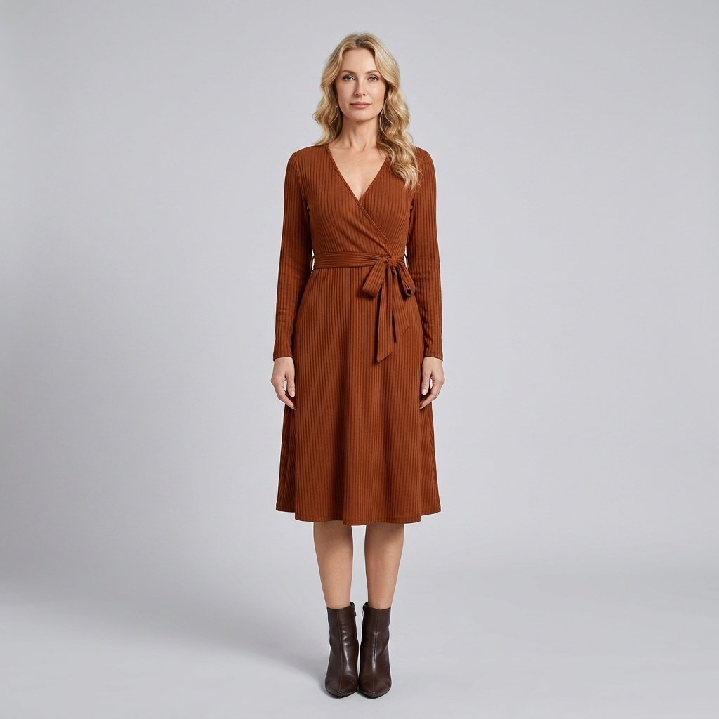 Wynne Knit Midi Dress - Soft Ribbed Polyester, V-Neck, Belted Waist, Pockets 9