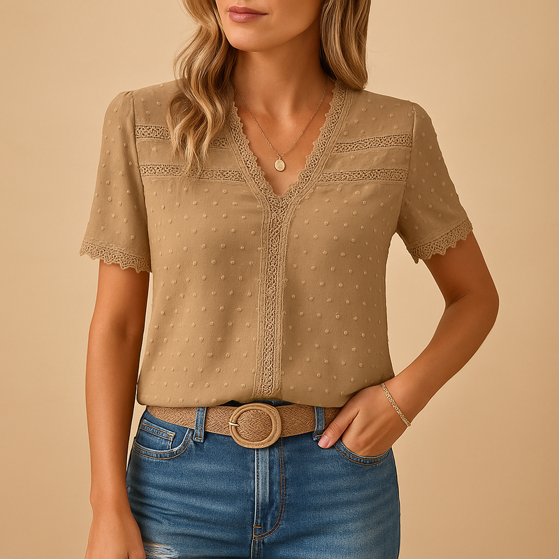 Zaida Blouse - Lightweight V-Neck Summer Top with Lace Trim and Short Sleeves