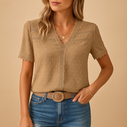 Zaida Blouse - Lightweight V-Neck Summer Top with Lace Trim and Short Sleeves