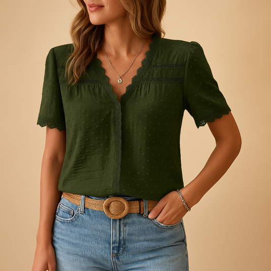 Zaida Blouse - Lightweight V-Neck Summer Top with Lace Trim and Short Sleeves 1