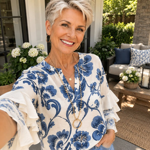 Blue and white floral print blouse with ruffled sleeves, styled casually