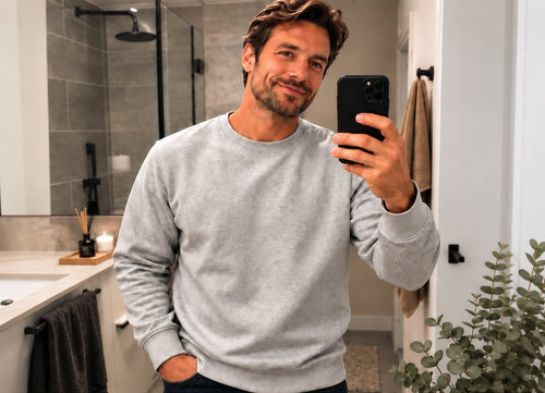 Soft grey knit sweater, styled casually